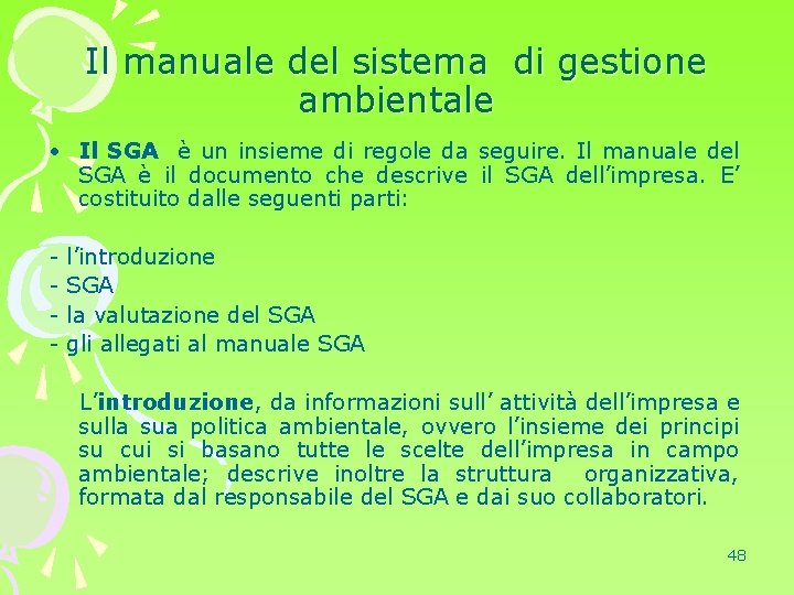 Il manuale del sistema di gestione ambientale • Il SGA è un insieme di