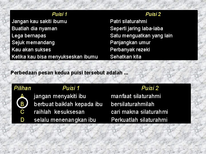 Puisi 1 Jangan kau sakiti ibumu Buatlah dia nyaman Lega bernapas Sejuk memandang Kau