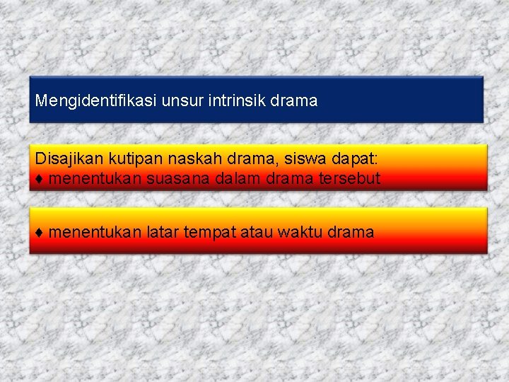 Mengidentifikasi unsur intrinsik drama Disajikan kutipan naskah drama, siswa dapat: ♦ menentukan suasana dalam