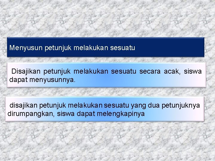 Menyusun petunjuk melakukan sesuatu IDisajikan petunjuk melakukan sesuatu secara acak, siswa dapat menyusunnya. Idisajikan