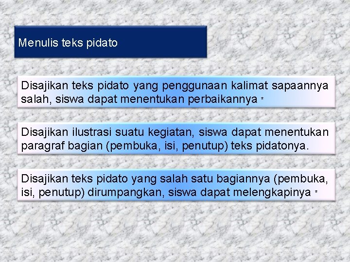 Menulis teks pidato Disajikan teks pidato yang penggunaan kalimat sapaannya salah, siswa dapat menentukan