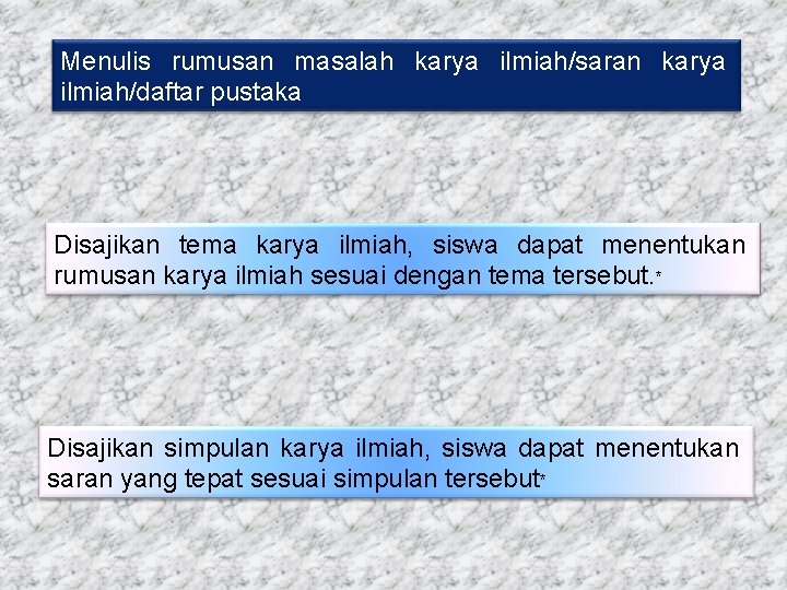 Menulis rumusan masalah karya ilmiah/saran karya ilmiah/daftar pustaka Disajikan tema karya ilmiah, siswa dapat