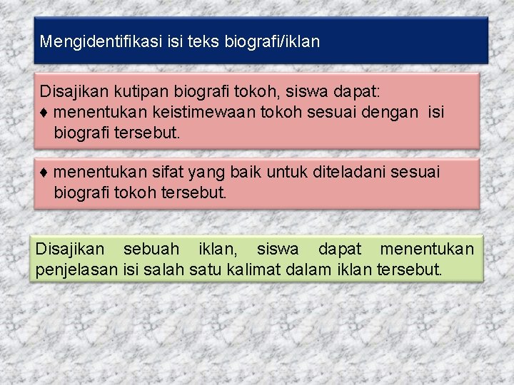 Mengidentifikasi isi teks biografi/iklan Disajikan kutipan biografi tokoh, siswa dapat: ♦ menentukan keistimewaan tokoh