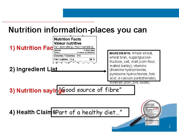 Nutrition information-places you can look 1) Nutrition Facts INGREDIENTS: Whole wheat, 2) Ingredient List