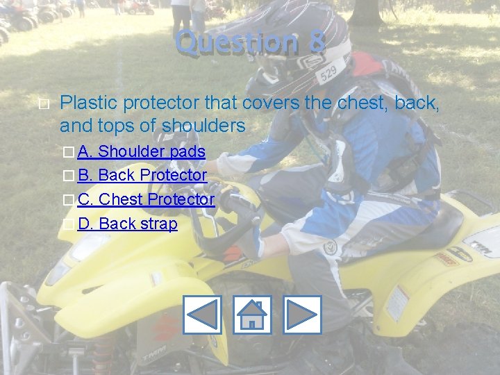 Question 8 � Plastic protector that covers the chest, back, and tops of shoulders