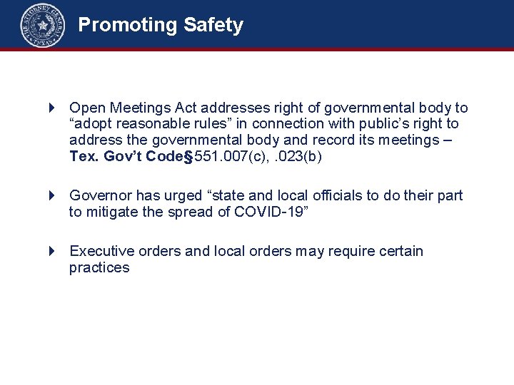 Promoting Safety 4 Open Meetings Act addresses right of governmental body to “adopt reasonable