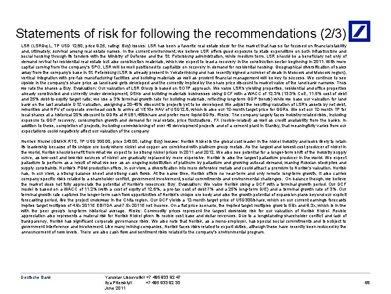 Statements of risk for following the recommendations (2/3) LSR (LSRGq. L, TP USD 12.