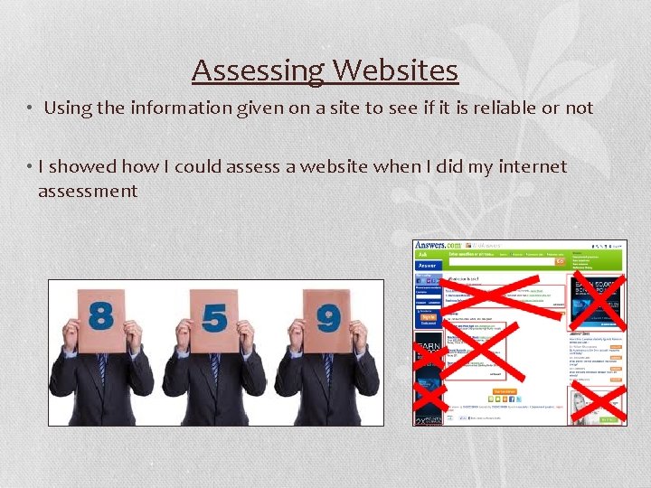 Assessing Websites • Using the information given on a site to see if it