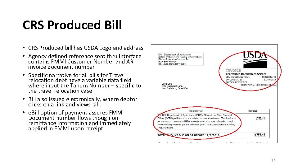 CRS Produced Bill • CRS Produced bill has USDA Logo and address • Agency