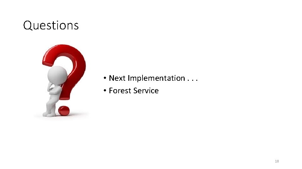 Questions • Next Implementation. . . • Forest Service 18 