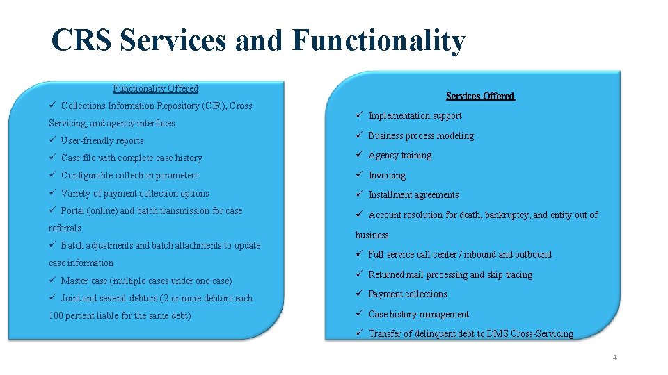 CRS Services and Functionality Offered ü Collections Information Repository (CIR), Cross Servicing, and agency