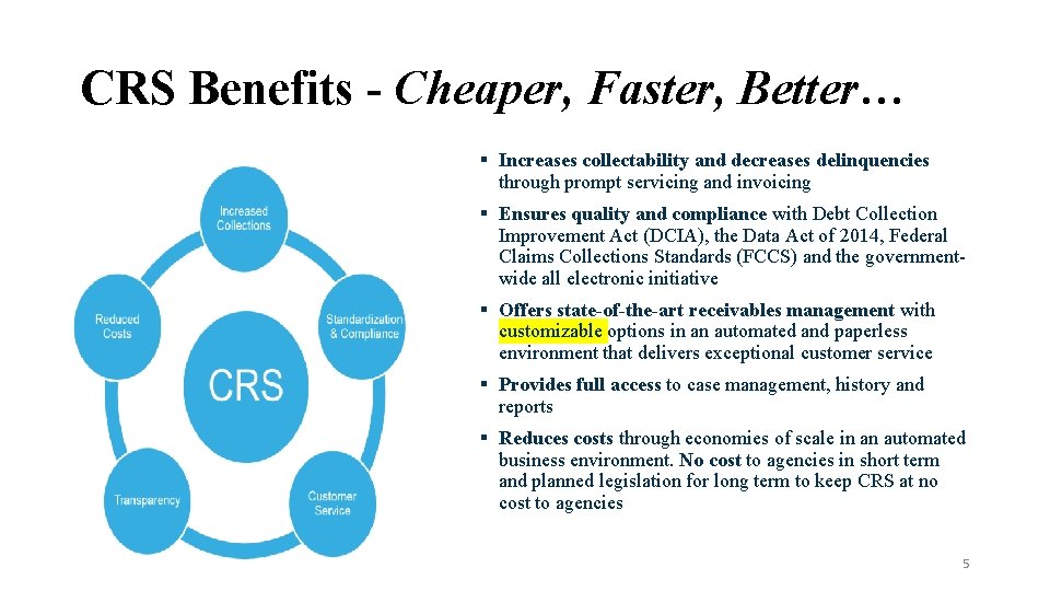 CRS Benefits - Cheaper, Faster, Better… § Increases collectability and decreases delinquencies through prompt