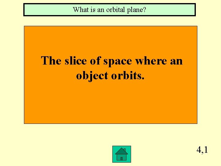 What is an orbital plane? The slice of space where an object orbits. 4,