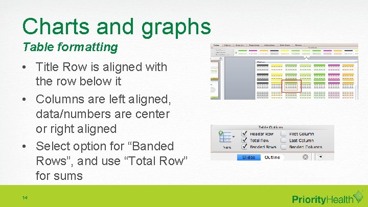 Charts and graphs Table formatting • Title Row is aligned with the row below