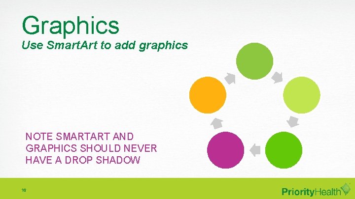 Graphics Use Smart. Art to add graphics NOTE SMARTART AND GRAPHICS SHOULD NEVER HAVE