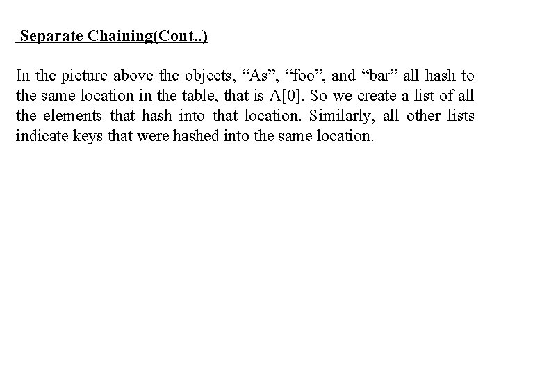 Separate Chaining(Cont. . ) In the picture above the objects, “As”, “foo”, and “bar”