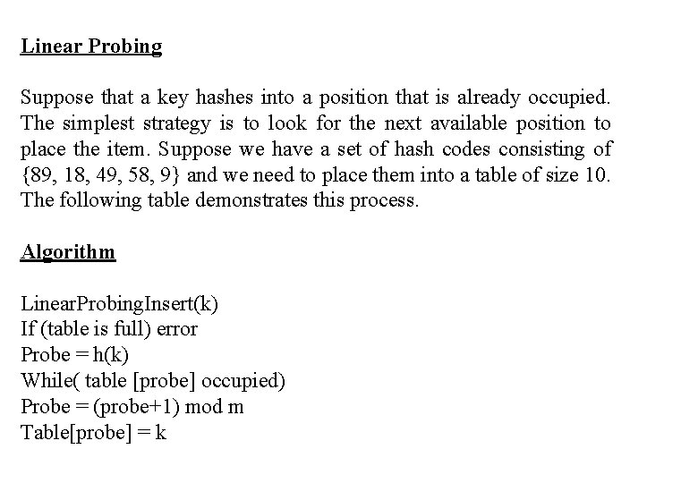 Linear Probing Suppose that a key hashes into a position that is already occupied.