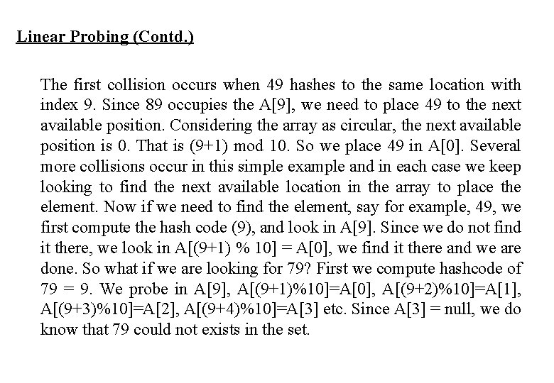 Linear Probing (Contd. ) The first collision occurs when 49 hashes to the same