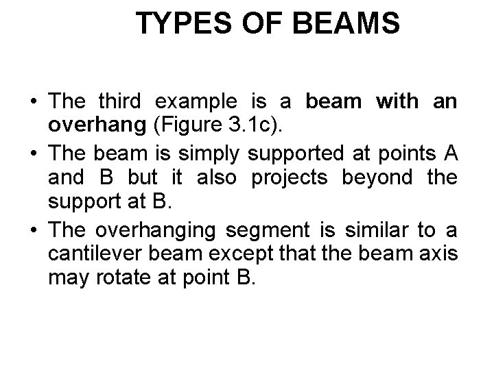 TYPES OF BEAMS • The third example is a beam with an overhang (Figure