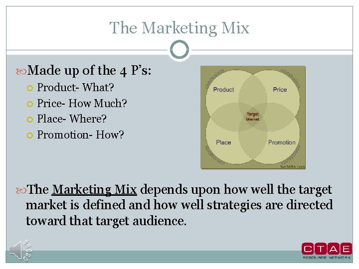 The Marketing Mix Made up of the 4 P’s: Product- What? Price- How Much?