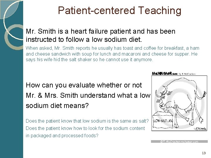 Patient-centered Teaching Mr. Smith is a heart failure patient and has been instructed to