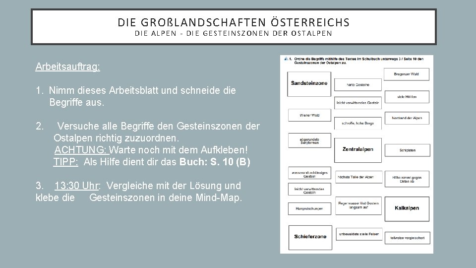 DIE GROßLANDSCHAFTEN ÖSTERREICHS DIE ALPEN - DIE GESTEINSZONEN DER OSTALPEN Arbeitsauftrag: 1. Nimm dieses