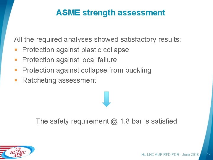 ASME strength assessment All the required analyses showed satisfactory results: § Protection against plastic