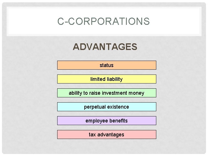 C-CORPORATIONS ADVANTAGES status limited liability to raise investment money perpetual existence employee benefits tax