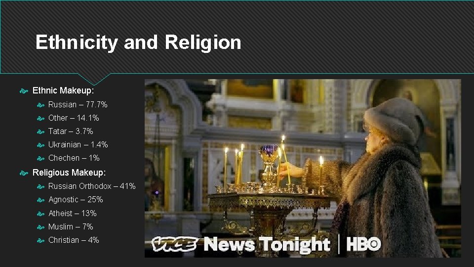Ethnicity and Religion Ethnic Makeup: Russian – 77. 7% Other – 14. 1% Tatar