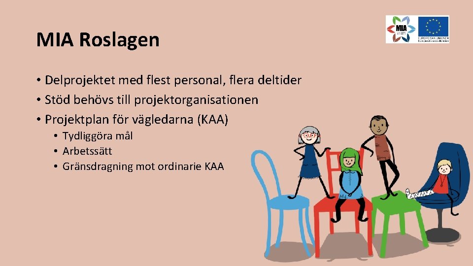 MIA Roslagen • Delprojektet med flest personal, flera deltider • Stöd behövs till projektorganisationen