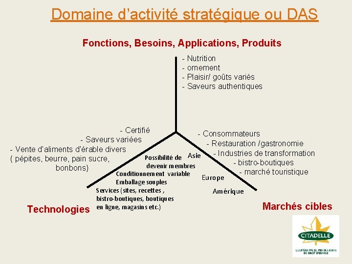 Domaine d’activité stratégique ou DAS Fonctions, Besoins, Applications, Produits - Nutrition - ornement -