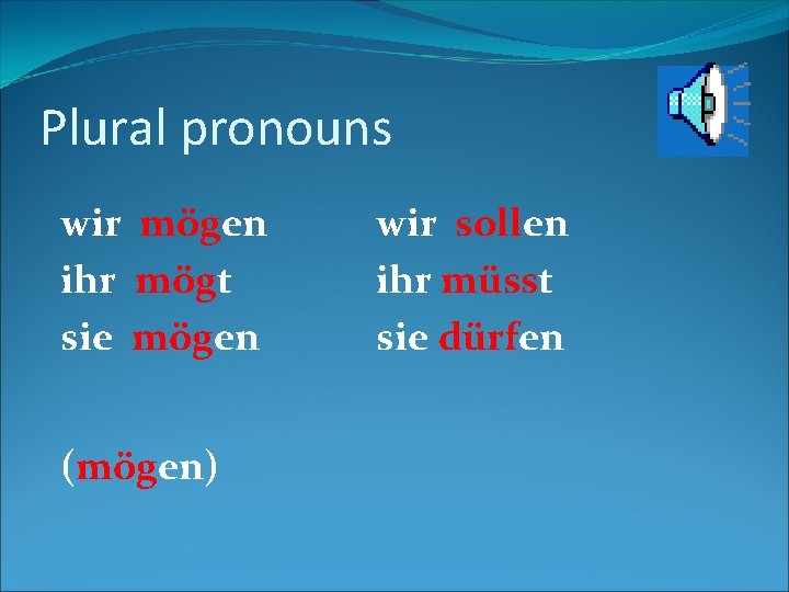 Plural pronouns wir mögen ihr mögt sie mögen (mögen) wir sollen ihr müsst sie