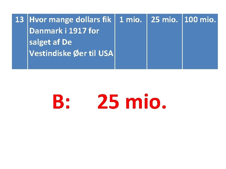 13 Hvor mange dollars fik 1 mio. Danmark i 1917 for salget af De