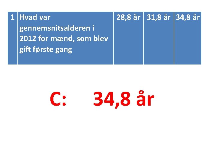 1 Hvad var 28, 8 år 31, 8 år 34, 8 år gennemsnitsalderen i