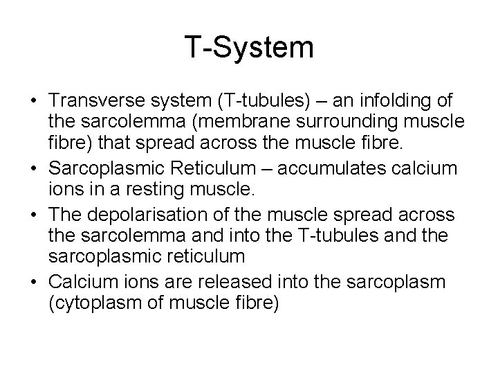 T-System • Transverse system (T-tubules) – an infolding of the sarcolemma (membrane surrounding muscle