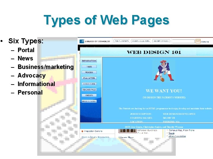 Types of Web Pages • Six Types: – – – Portal News Business/marketing Advocacy