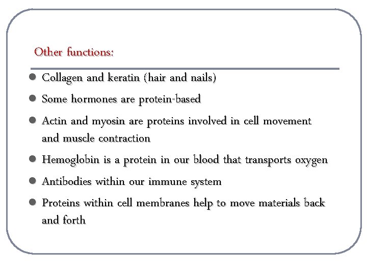 Other functions: l Collagen and keratin (hair and nails) l Some hormones are protein-based