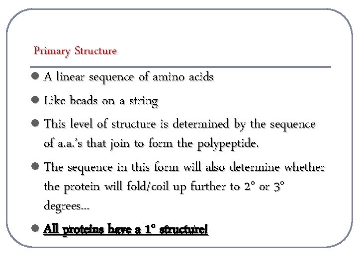Primary Structure l A linear sequence of amino acids l Like beads on a