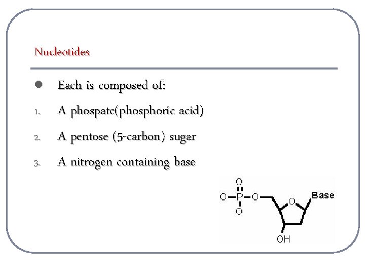 Nucleotides l 1. 2. 3. Each is composed of: A phospate(phosphoric acid) A pentose