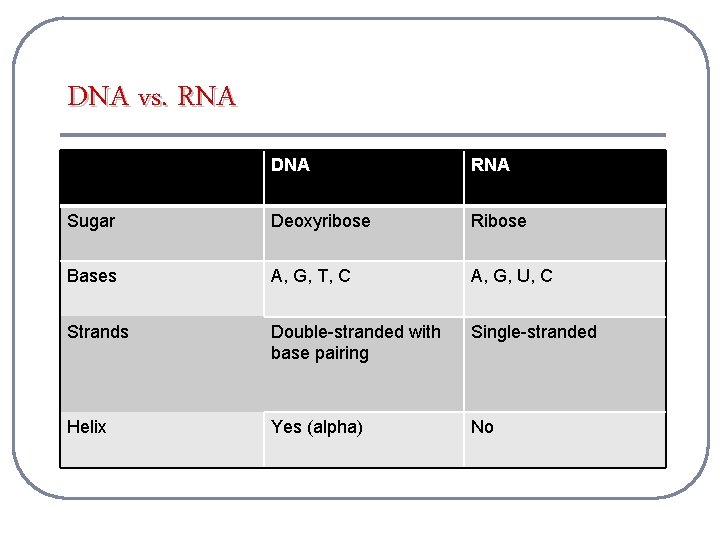 DNA vs. RNA DNA RNA Sugar Deoxyribose Ribose Bases A, G, T, C A,