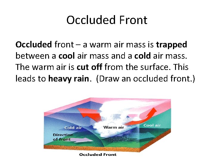 Occluded Front Occluded front – a warm air mass is trapped between a cool