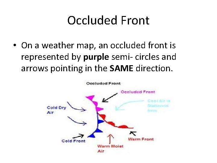 Occluded Front • On a weather map, an occluded front is represented by purple