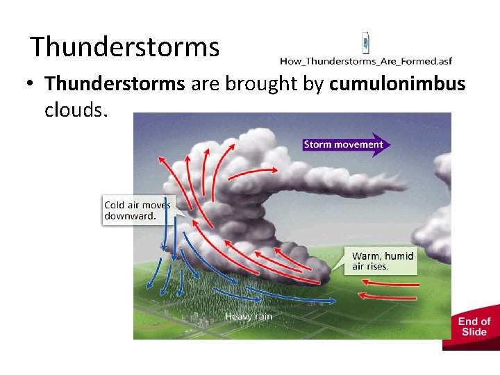 - Storms Thunderstorms • Thunderstorms are brought by cumulonimbus clouds. 