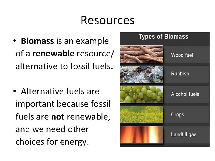 Resources • Biomass is an example of a renewable resource/ alternative to fossil fuels.