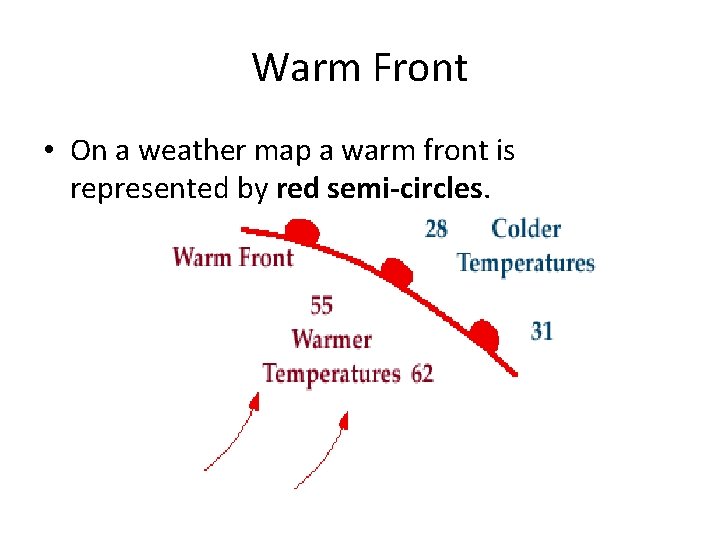 Warm Front • On a weather map a warm front is represented by red