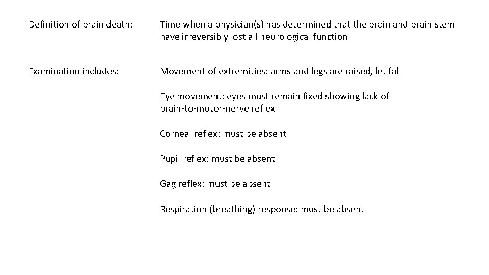 Definition of brain death: Time when a physician(s) has determined that the brain and