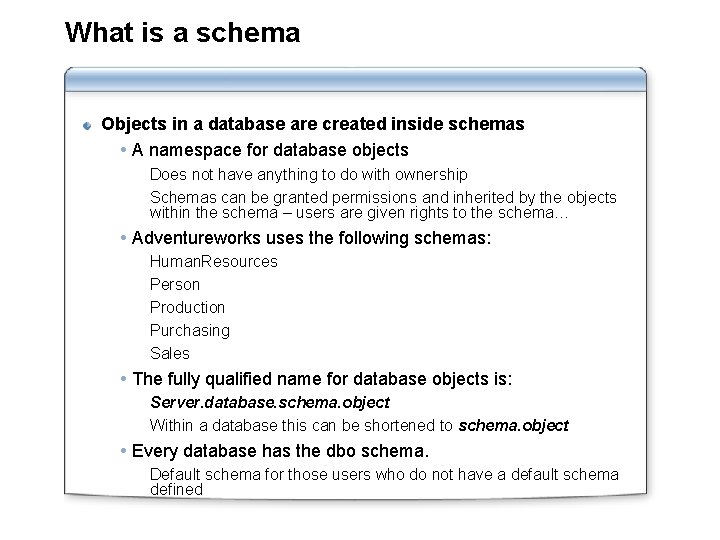 What is a schema Objects in a database are created inside schemas A namespace What is a schema Objects in a database are created inside schemas A namespace