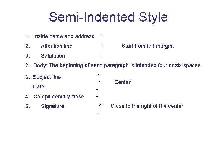 Semi-Indented Style 1. Inside name and address 2. Attention line 3. Salutation Start from