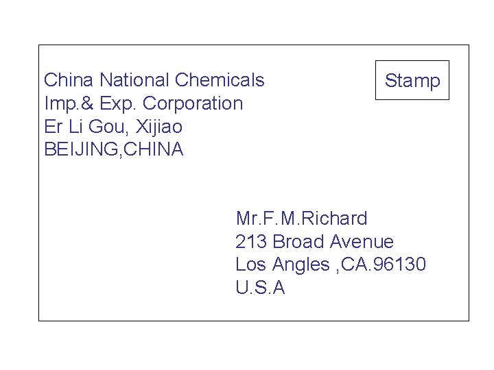 China National Chemicals Imp. & Exp. Corporation Er Li Gou, Xijiao BEIJING, CHINA Stamp