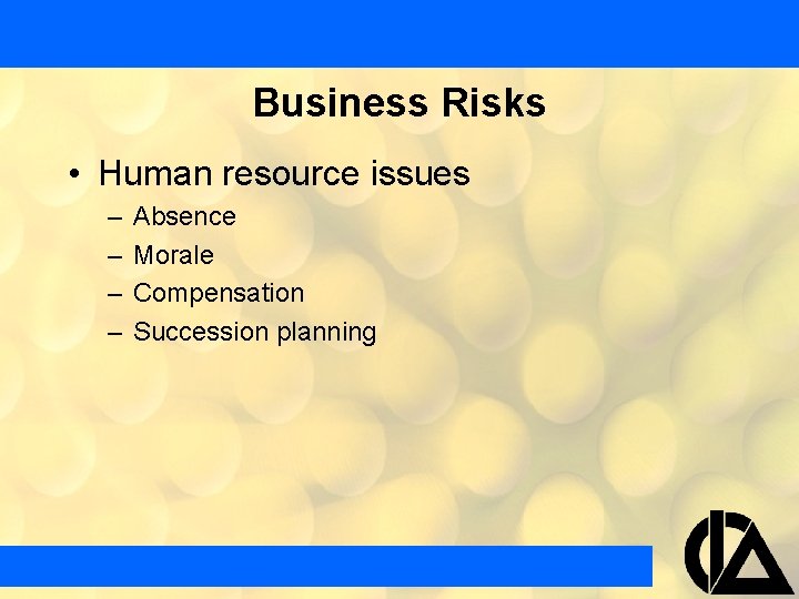 Business Risks • Human resource issues – – Absence Morale Compensation Succession planning 